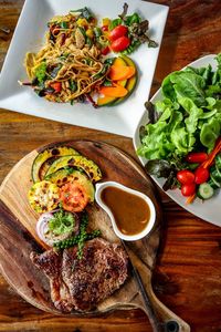 High angle view of meal served on table