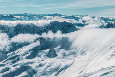 Scenic view of snowcapped mountains against sky