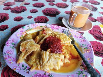 High angle view of breakfast served on table