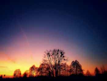 Silhouette trees against dramatic sky during sunset