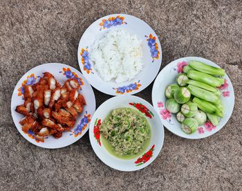 High angle view of food served on table
