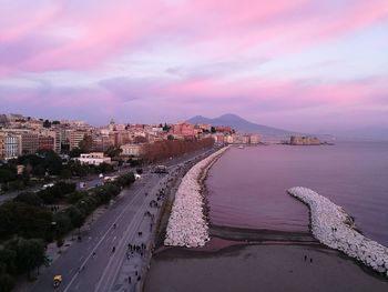 High angle view of cityscape against sky during sunset
