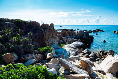 Rocks on beach against sky