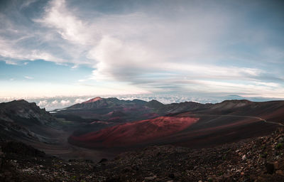 Scenic view of mountain against cloudy sky