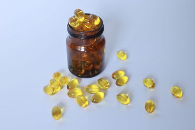 High angle view of drink in glass jar on table