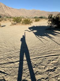 Shadow of person on sand in desert
