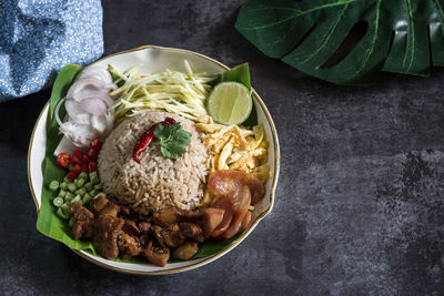 High angle view of food in plate on table