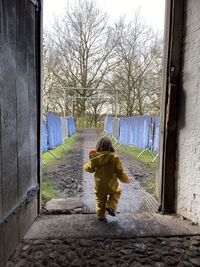 Rear view of woman walking in alley