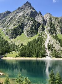 Scenic view of lake and mountains against clear sky