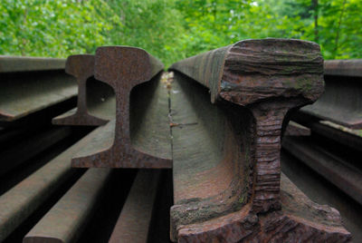 Close-up of rusty metal bench in park