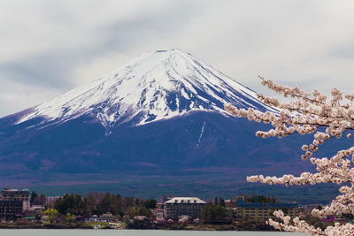 View of snowcapped mountain against cloudy sky