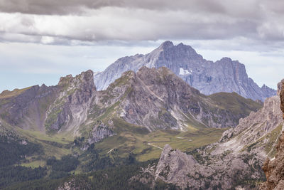 Scenic view of mountains against cloudy sky