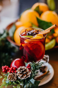 Close-up of fruits in glass on table