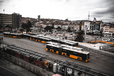 High angle view of train on street in city