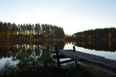 Scenic view of lake in forest against sky