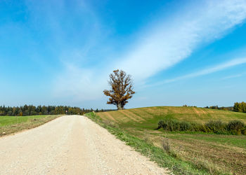 Dirt road passing through landscape against blue sky
