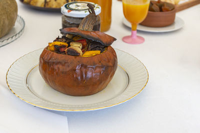 Close-up of breakfast served on table