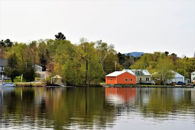 Scenic view of lake by building against sky