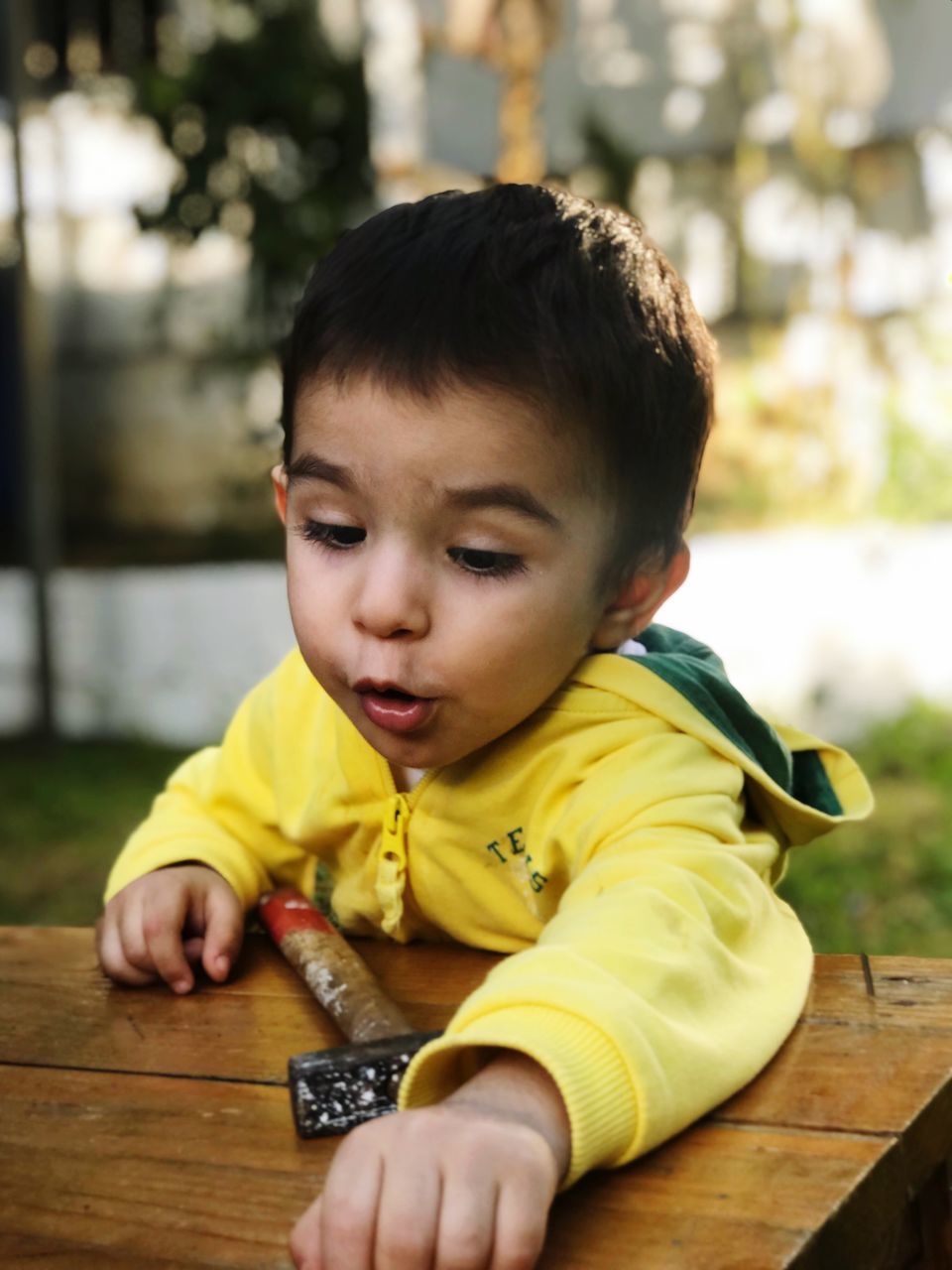 CUTE BOY HOLDING YELLOW WHILE WOOD