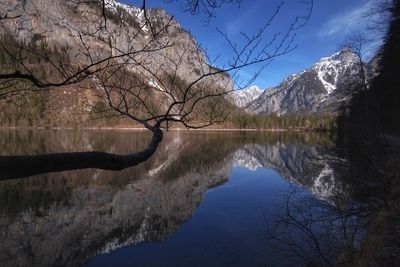 Reflection of bare trees in lake against sky