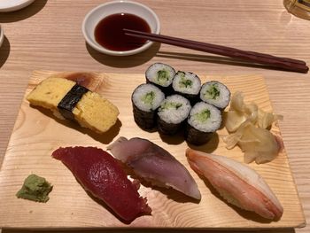 High angle view of sushi in plate on table