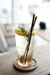 Close-up of beer glass on table