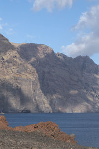 Scenic view of sea and mountains against sky