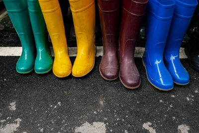 High angle view of colorful boots