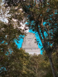 Low angle view of trees and building against sky