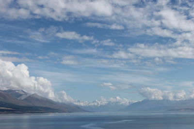 Scenic view of sea and mountains against sky