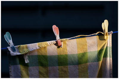 Close-up of clothes drying on clothesline