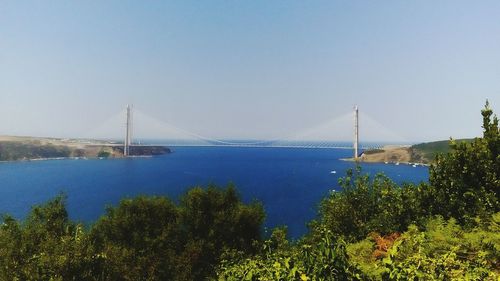 Suspension bridge over river