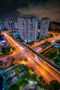 High angle view of illuminated city at night