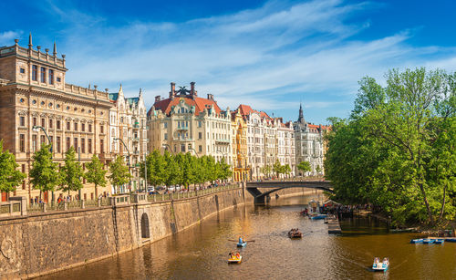 View of buildings at waterfront against cloudy sky