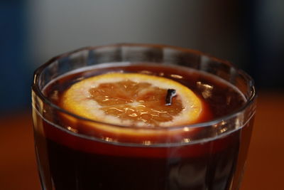 Close-up of beer glass on table