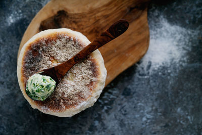 High angle view of bread in bowl on table