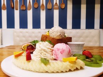 Close-up of dessert served on table