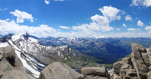 Panoramic view of snowcapped mountains against sky