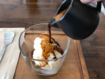 Close-up of ice cream in bowl on table