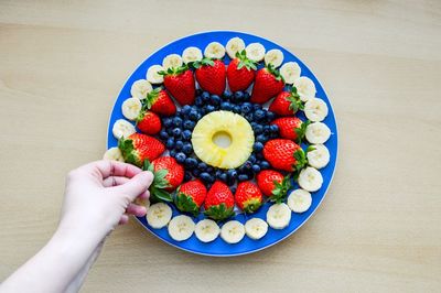 Cropped hand having fruits at table