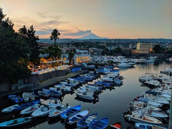 High angle view of marina at dusk