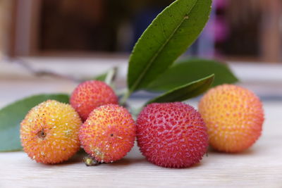 Close-up of arbutus on table