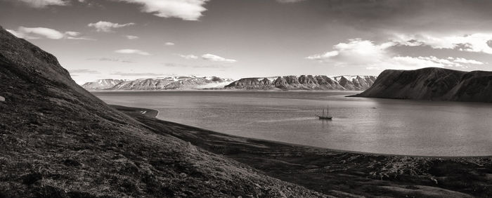 Scenic view of sea and mountains against sky, svalbard coast