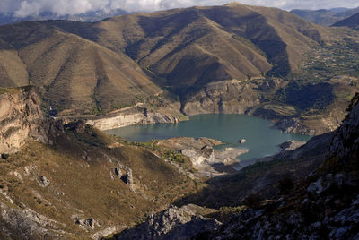 High angle view of lake and mountains