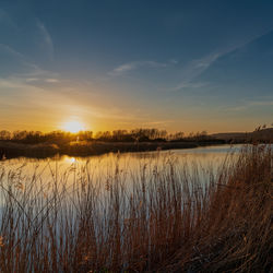 Scenic view of lake against sky during sunset