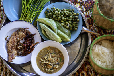 High angle view of food in bowl on table