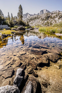 Scenic view of lake and rocks against sky