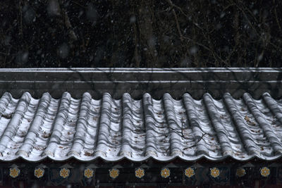 High angle view of roof tiles during snowfall