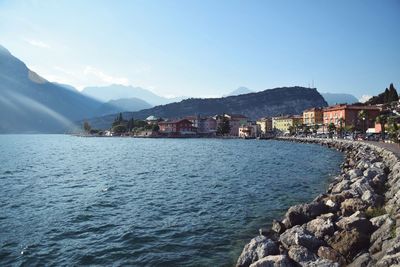 High angle view of town by sea