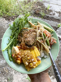 High angle view of food in plate on table
